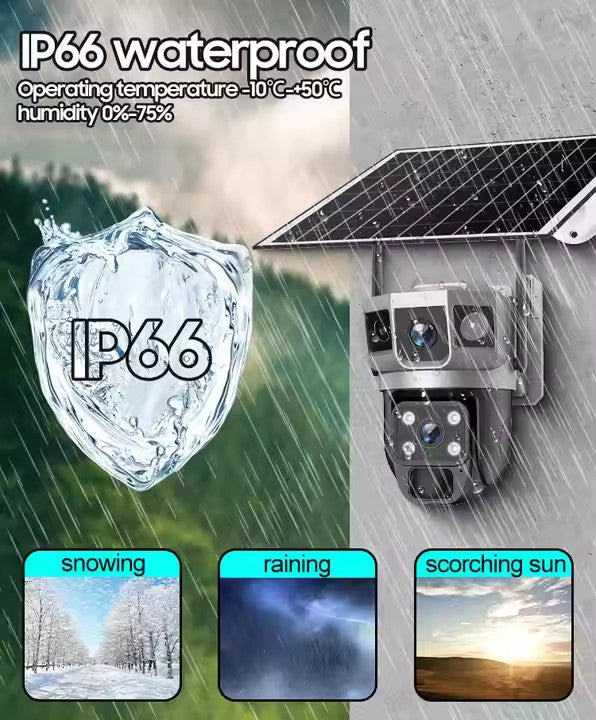 Outdoor Waterproof Solar 4MP Triple View Low Power WiFi PAN/TILT Security Camera (Include 32G TF Card）